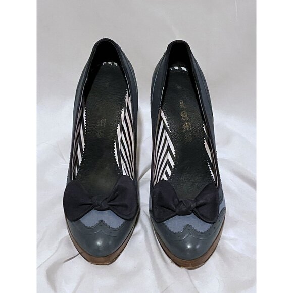 Y2K L.A.M.B. Navy Spectator Pump 7 Stacked Heel Bow Leather Oxford Twee Coquette - Picture 1 of 6